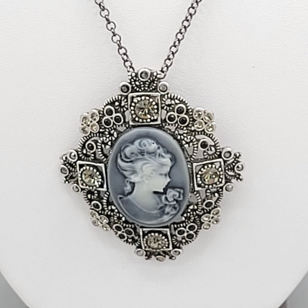 Silver Tone Cameo Necklace Intricate Filigree Rhinestone Crystal Accents 24 Inch